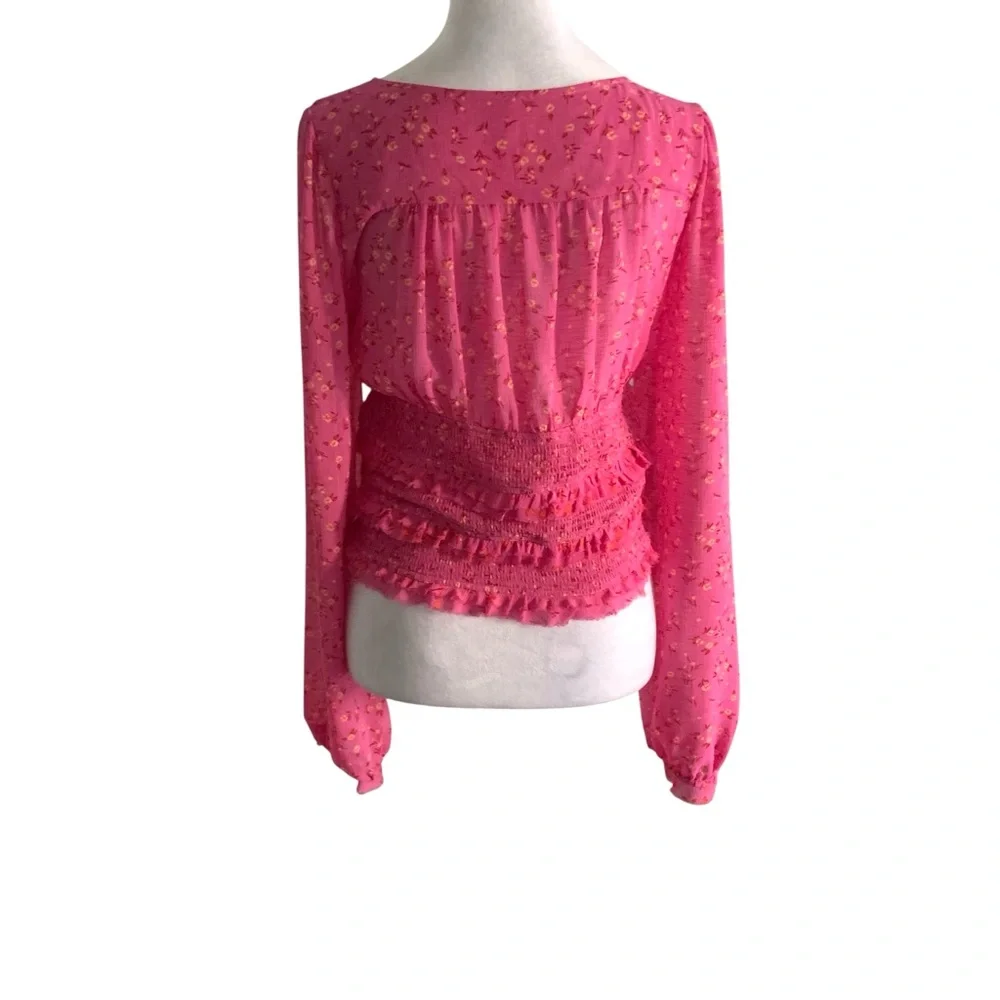 Free People Small Pink Floral Long Sleeve Milkmaid Festival Boho Blouse Top